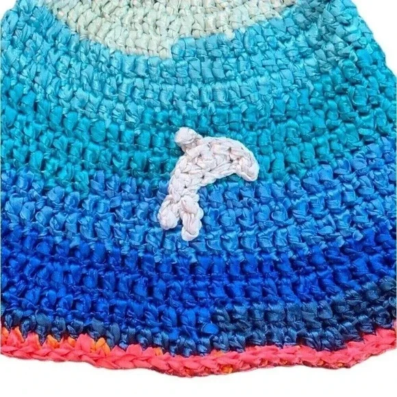 Crochet Dolphin Bucket Hat Adult MEDIUM Size Sun Brim Blue/Pink Beach Vacation - Picture 3 of 4